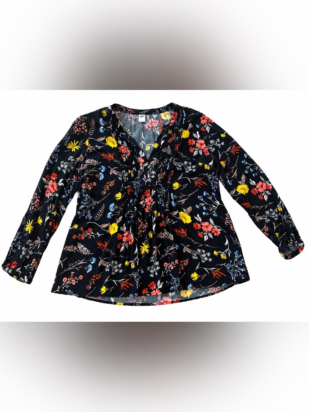 Old Navy Black Floral Pintuck Peasant Blouse Top Women’s Medium Boho Long Sleeve
